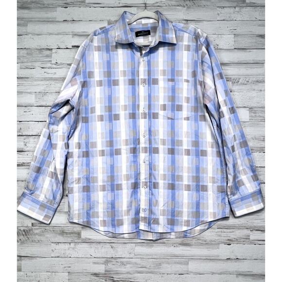 Bugatchi Uomo Mens XL Blue Tan Checked Shirt Long Sleeve Button Up - Picture 1 of 11